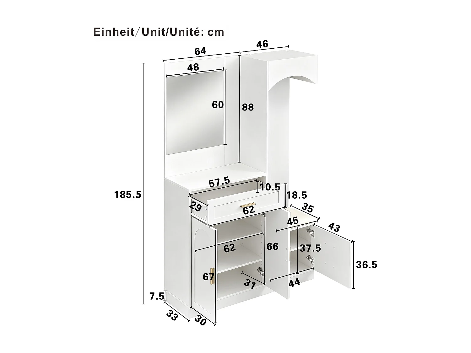 Vestiaire/combinaison armoire et meuble à chaussures avec miroir + 1 tiroir + 3 portes - 110 x 33 x 185.5 - MDF - blanc