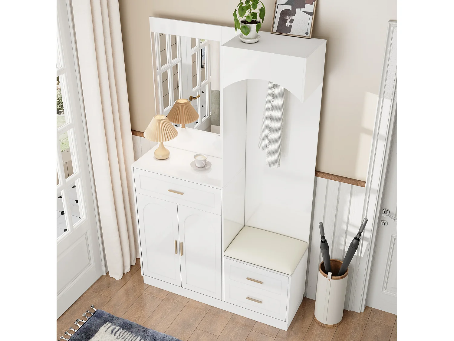 Vestiaire/combinaison armoire et meuble à chaussures avec miroir + 1 tiroir + 3 portes - 110 x 33 x 185.5 - MDF - blanc