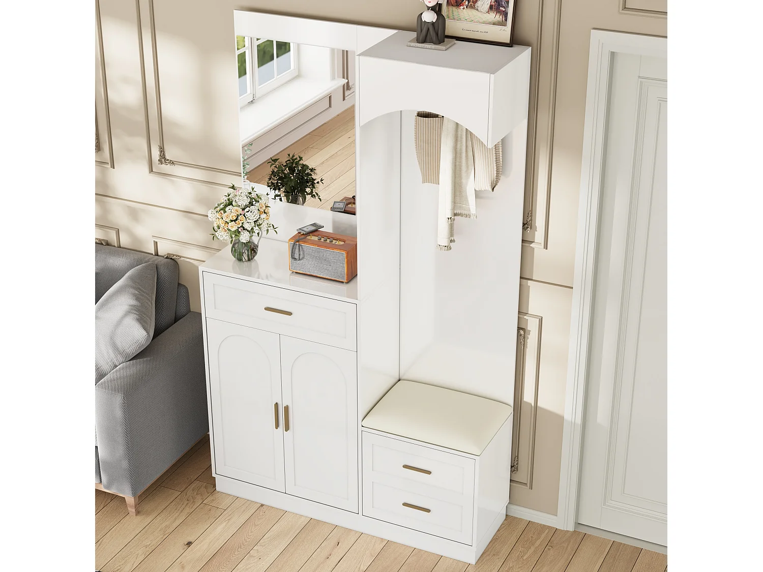 Vestiaire/combinaison armoire et meuble à chaussures avec miroir + 1 tiroir + 3 portes - 110 x 33 x 185.5 - MDF - blanc
