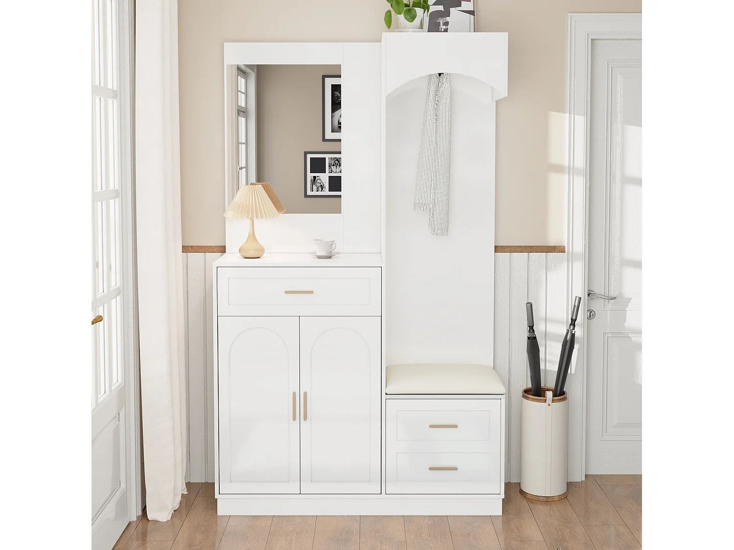 Vestiaire/combinaison armoire et meuble à chaussures avec miroir + 1 tiroir + 3 portes - 110 x 33 x 185.5 - MDF - blanc