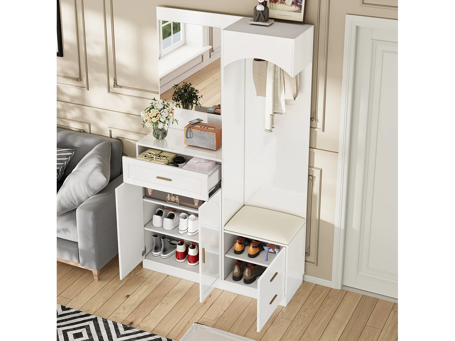 Vestiaire/combinaison armoire et meuble à chaussures avec miroir + 1 tiroir + 3 portes - 110 x 33 x 185.5 - MDF - blanc