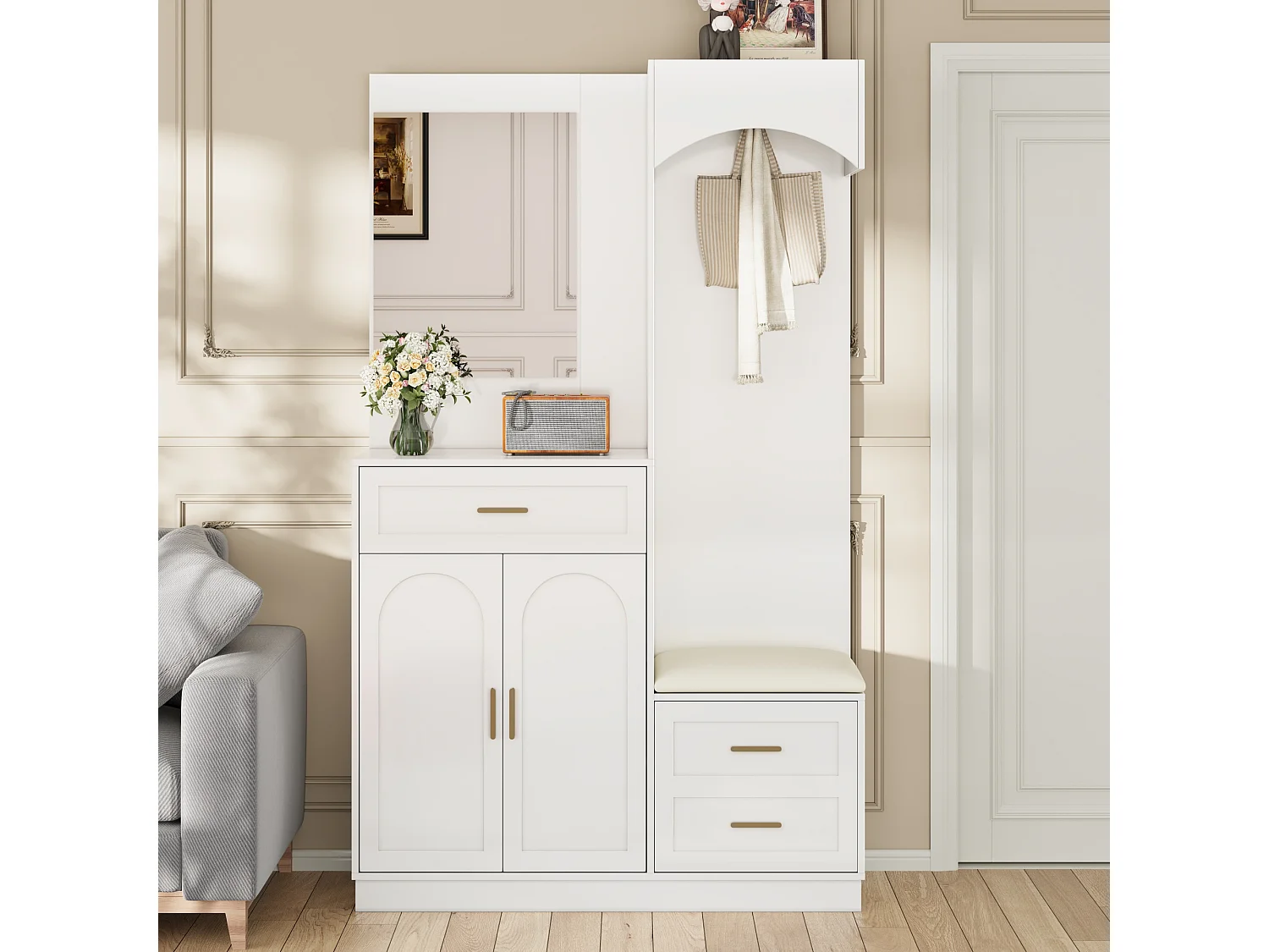 Vestiaire/combinaison armoire et meuble à chaussures avec miroir + 1 tiroir + 3 portes - 110 x 33 x 185.5 - MDF - blanc