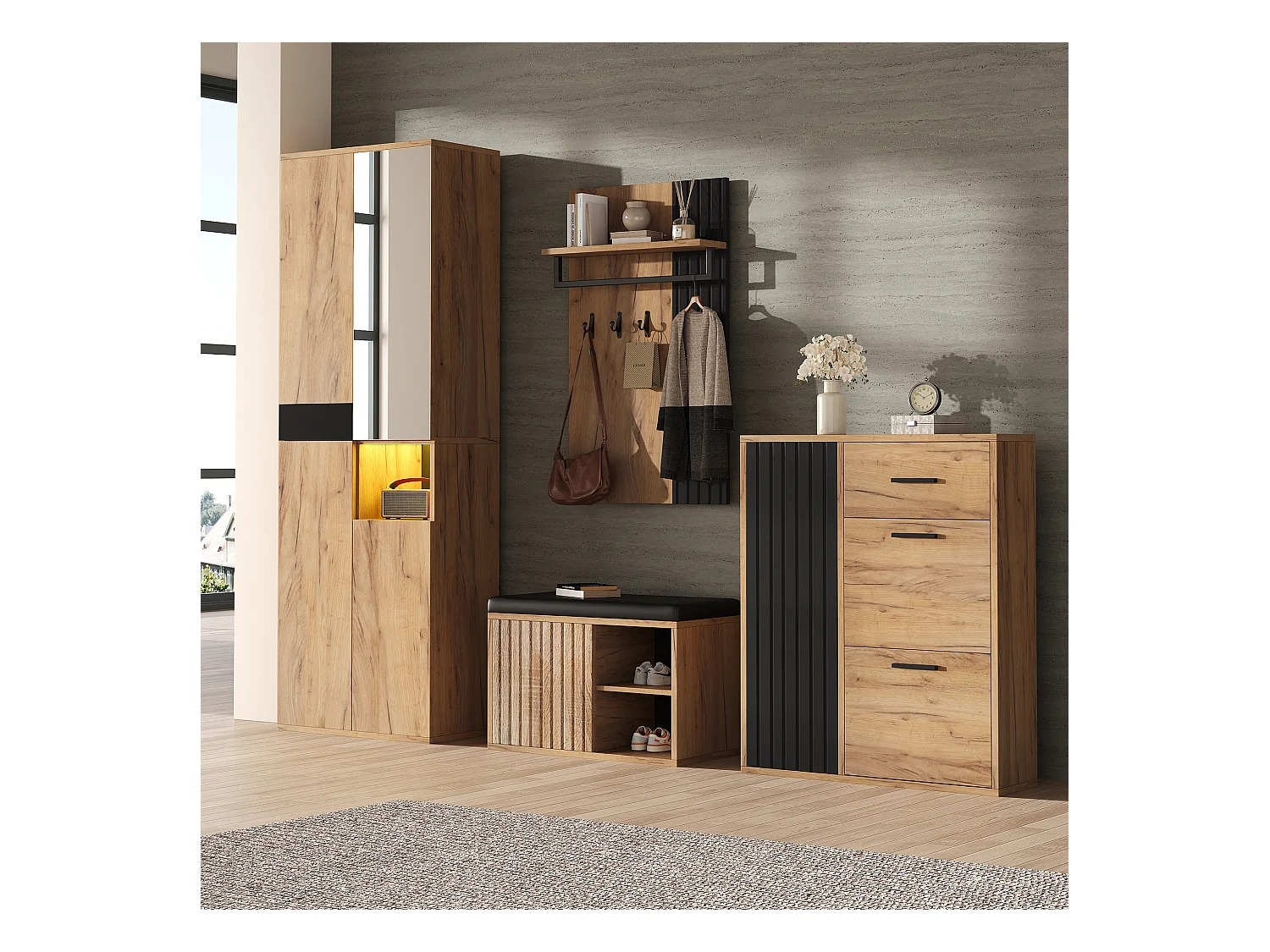 4-teiliger Kleiderschrank - Kleiderschrank + Schuhschrank + Schuhbank + Garderobe - Spanplatte - Natur