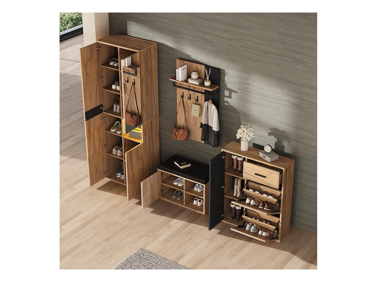 4-teiliger Kleiderschrank - Kleiderschrank + Schuhschrank + Schuhbank + Garderobe - Spanplatte - Natur