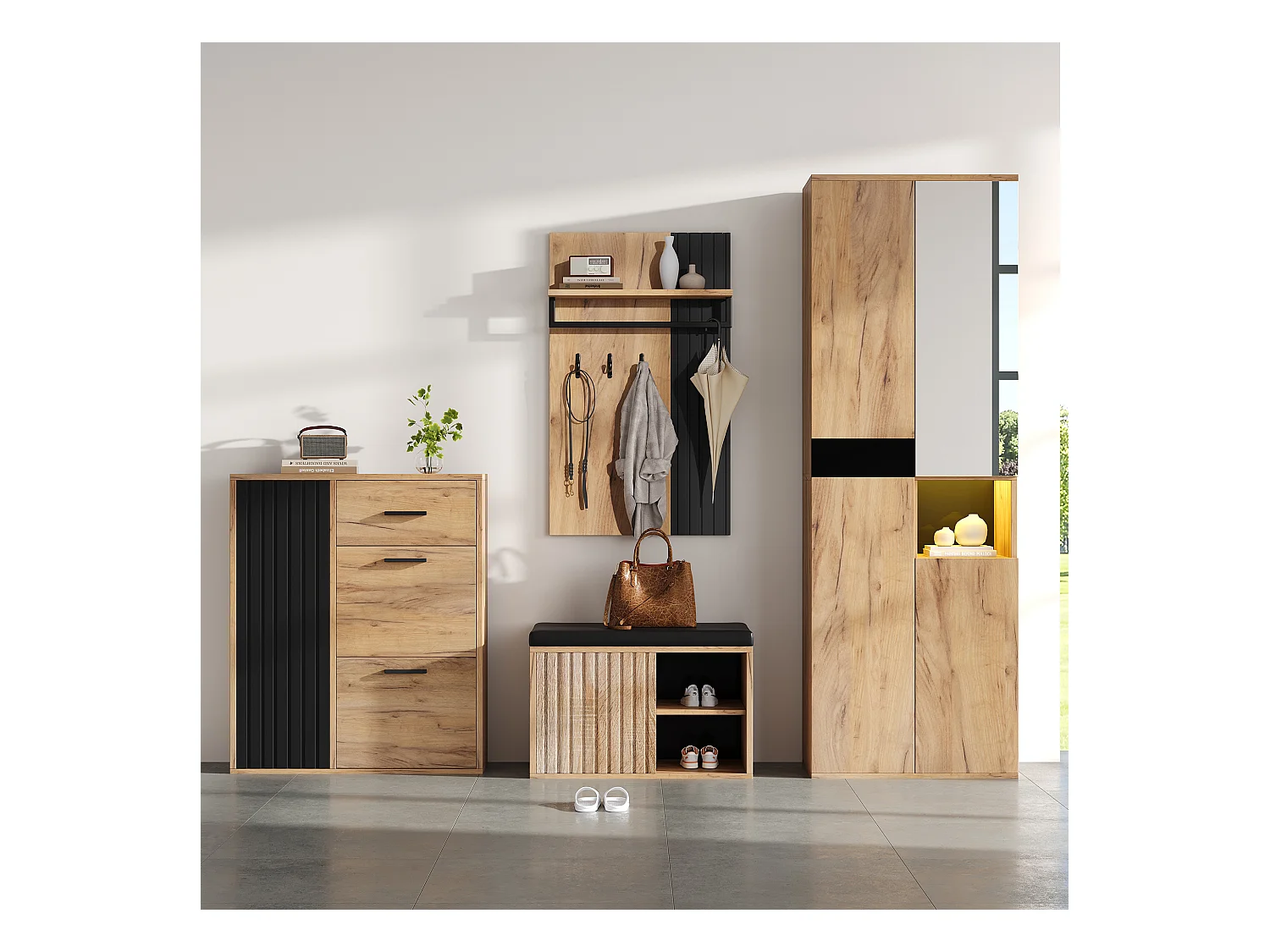 4-teiliger Kleiderschrank - Kleiderschrank + Schuhschrank + Schuhbank + Garderobe - Spanplatte - Natur