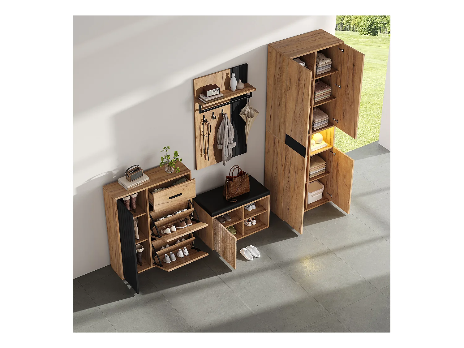4-teiliger Kleiderschrank - Kleiderschrank + Schuhschrank + Schuhbank + Garderobe - Spanplatte - Natur