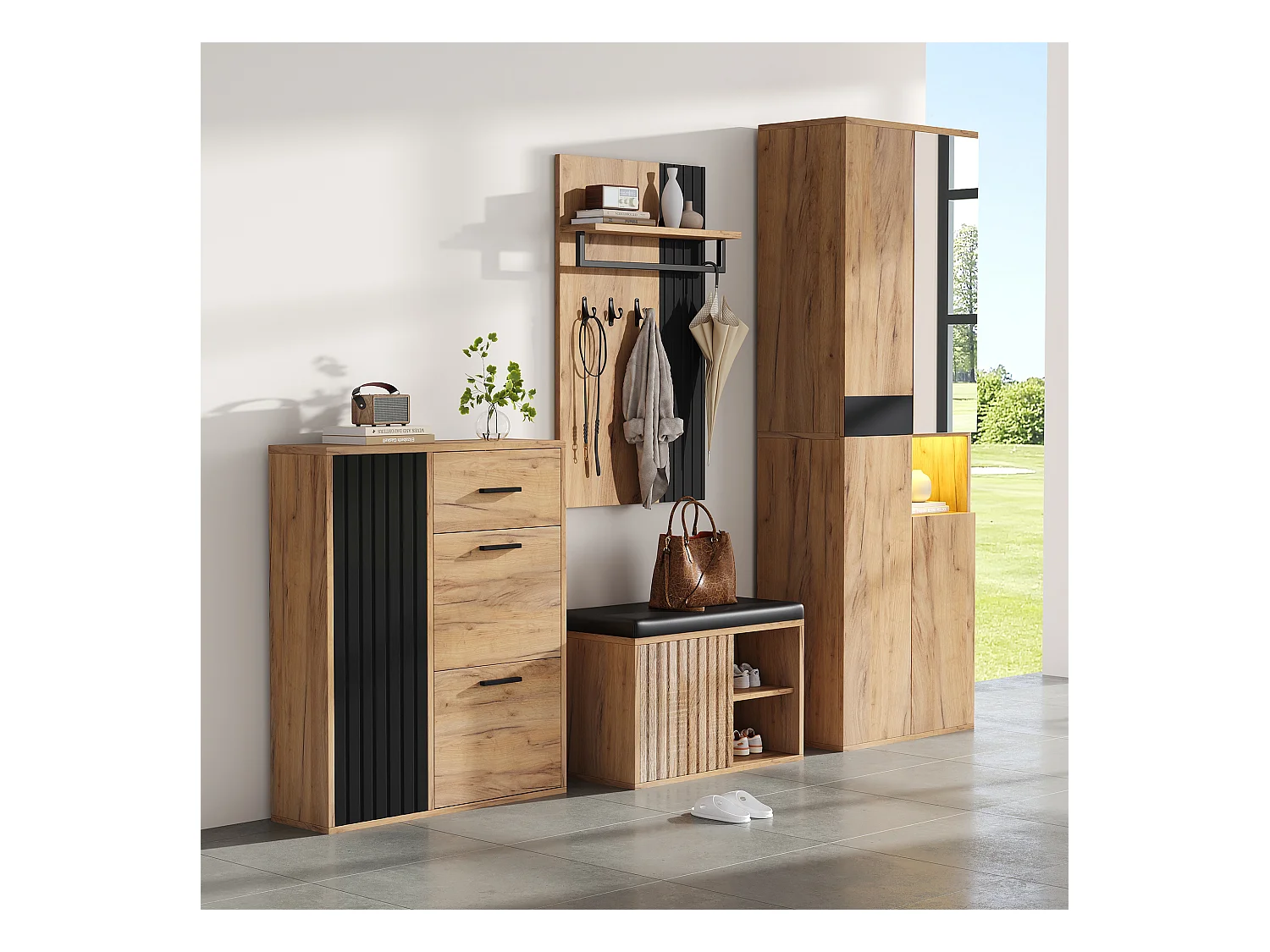 4-teiliger Kleiderschrank - Kleiderschrank + Schuhschrank + Schuhbank + Garderobe - Spanplatte - Natur