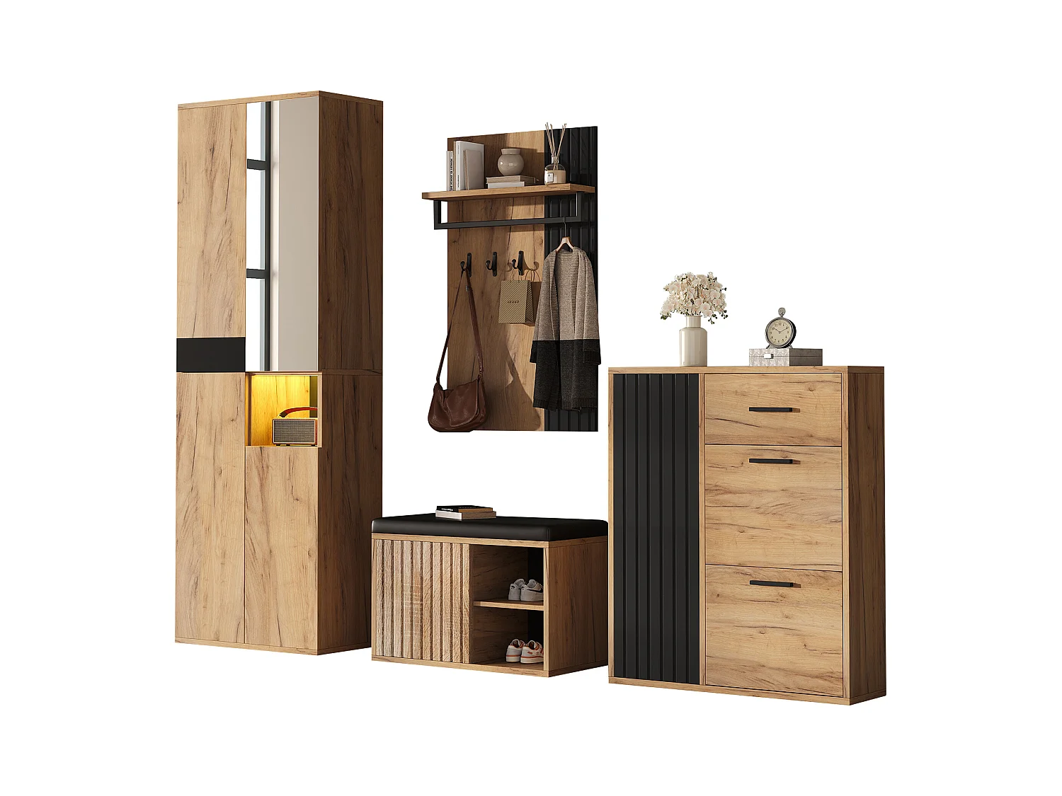 4-teiliger Kleiderschrank - Kleiderschrank + Schuhschrank + Schuhbank + Garderobe - Spanplatte - Natur