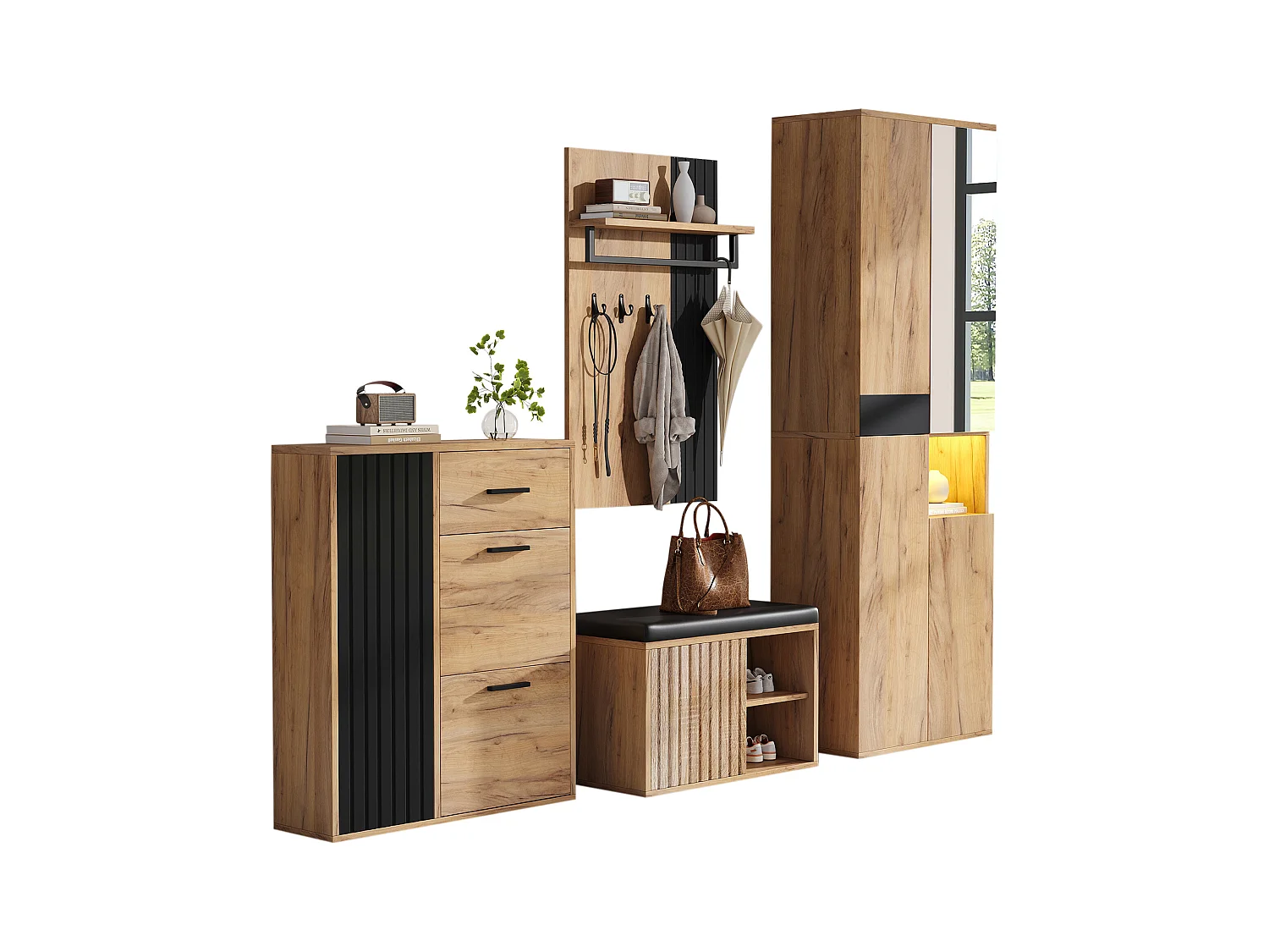 4-teiliger Kleiderschrank - Kleiderschrank + Schuhschrank + Schuhbank + Garderobe - Spanplatte - Natur