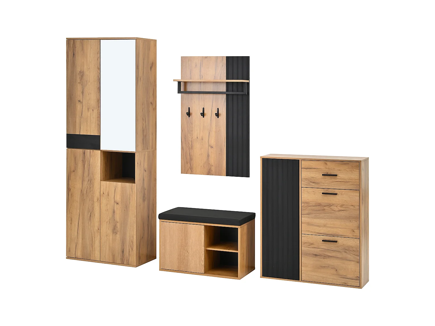 4-teiliger Kleiderschrank - Kleiderschrank + Schuhschrank + Schuhbank + Garderobe - Spanplatte - Natur
