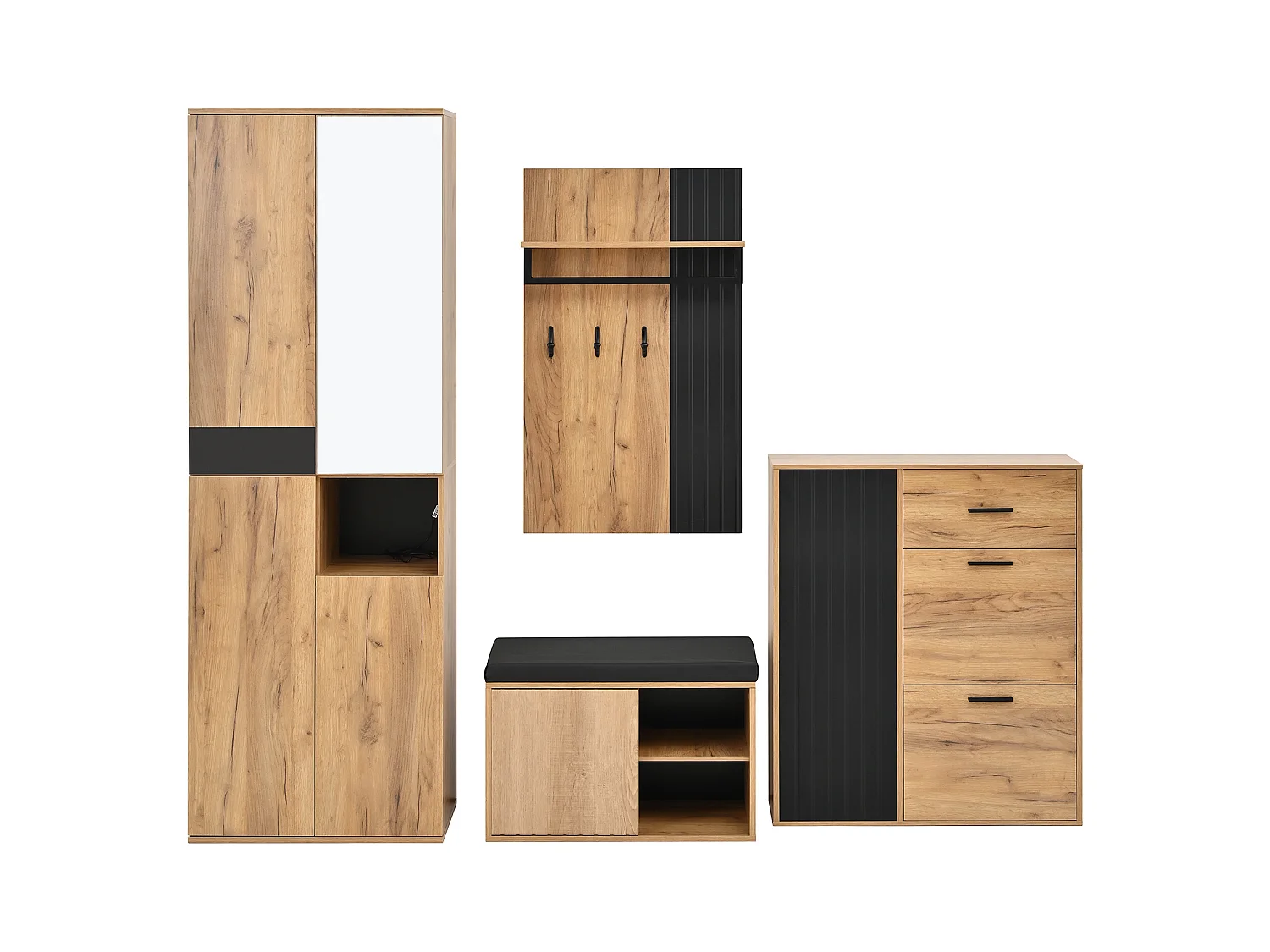 4-teiliger Kleiderschrank - Kleiderschrank + Schuhschrank + Schuhbank + Garderobe - Spanplatte - Natur