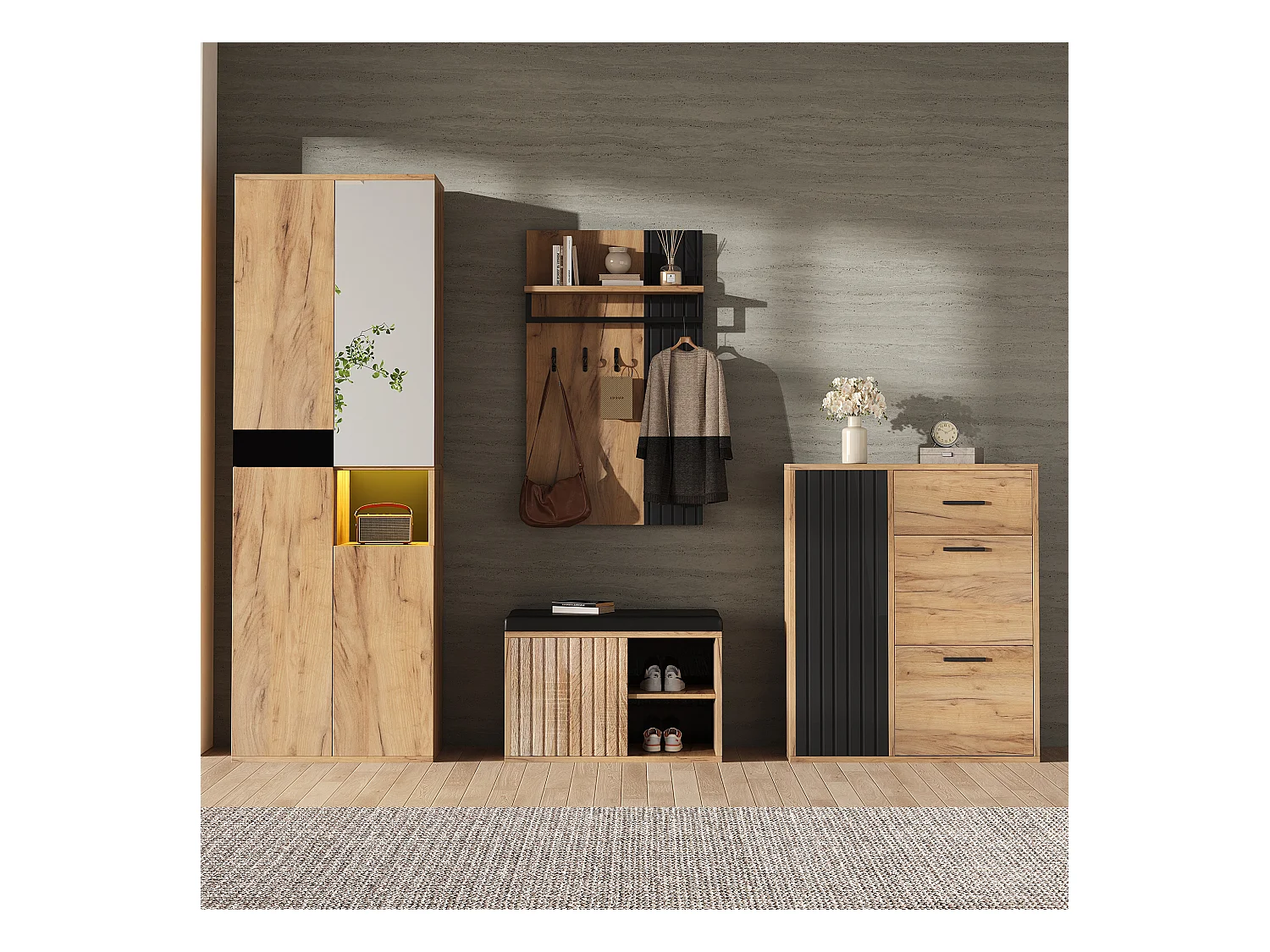 Vestiaire de 4 pièces - armoire + meuble à chaussures + banc à chaussures + porte-manteau - agglomméré - naturel