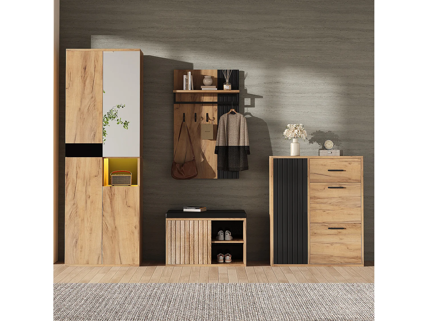 Vestiaire de 4 pièces - armoire + meuble à chaussures + banc à chaussures + porte-manteau - agglomméré - naturel