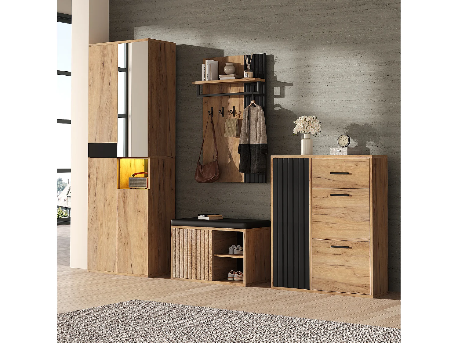Vestiaire de 4 pièces - armoire + meuble à chaussures + banc à chaussures + porte-manteau - agglomméré - naturel