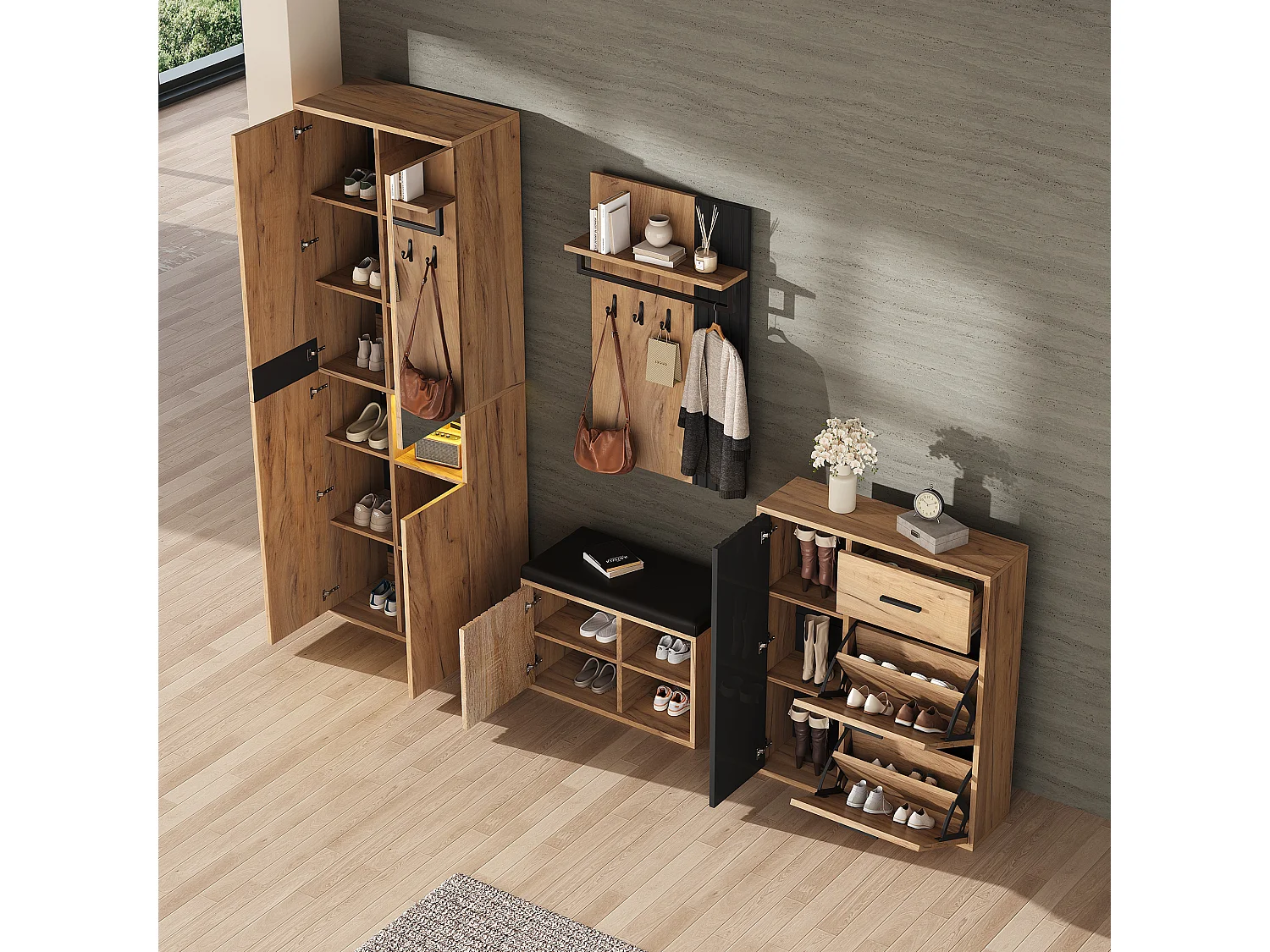 Vestiaire de 4 pièces - armoire + meuble à chaussures + banc à chaussures + porte-manteau - agglomméré - naturel