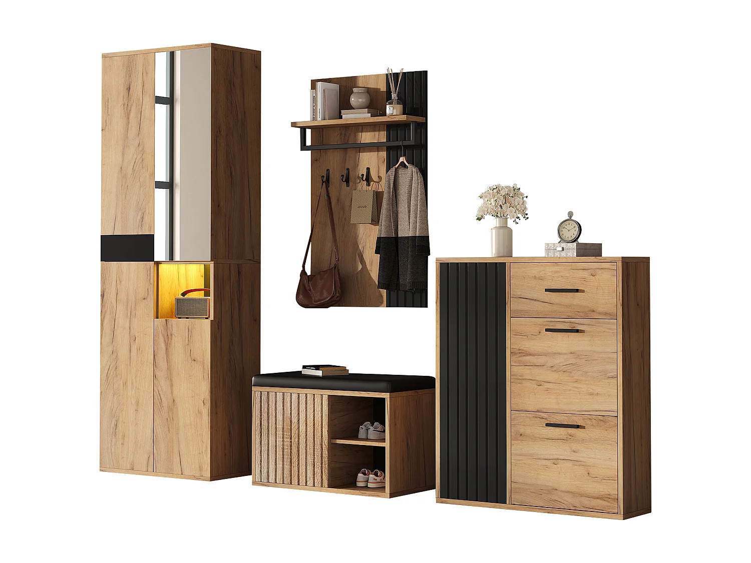 Vestiaire de 4 pièces - armoire + meuble à chaussures + banc à chaussures + porte-manteau - agglomméré - naturel