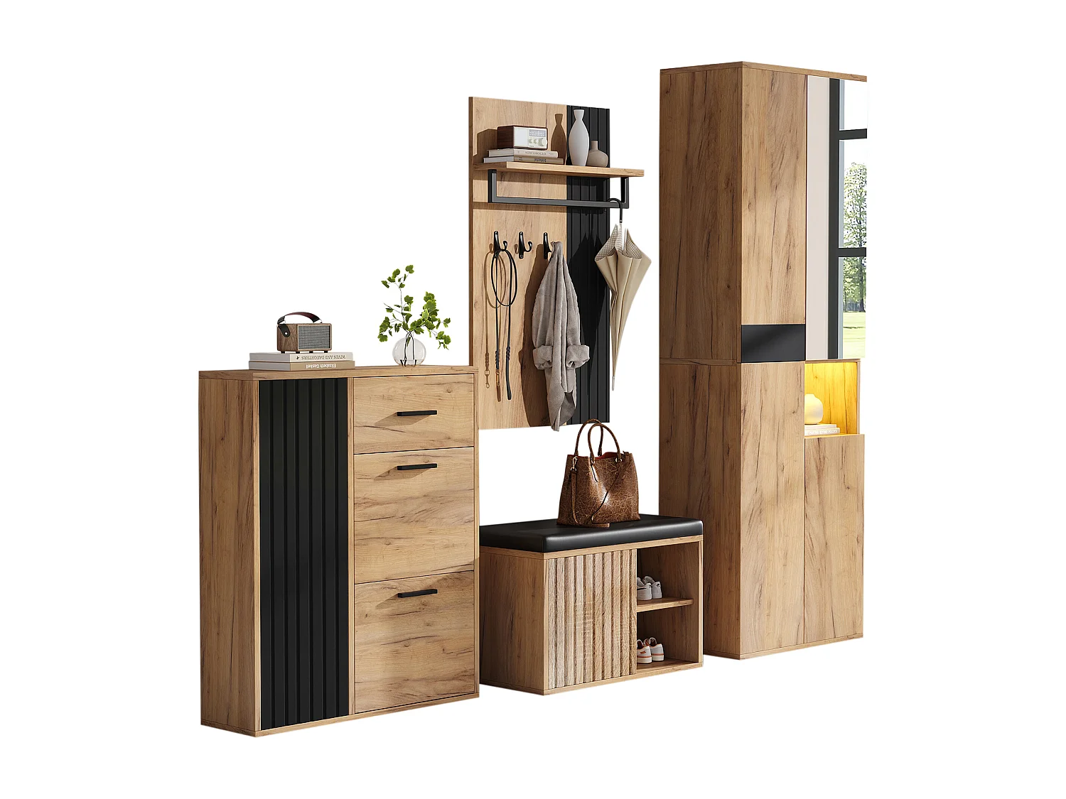 Vestiaire de 4 pièces - armoire + meuble à chaussures + banc à chaussures + porte-manteau - agglomméré - naturel