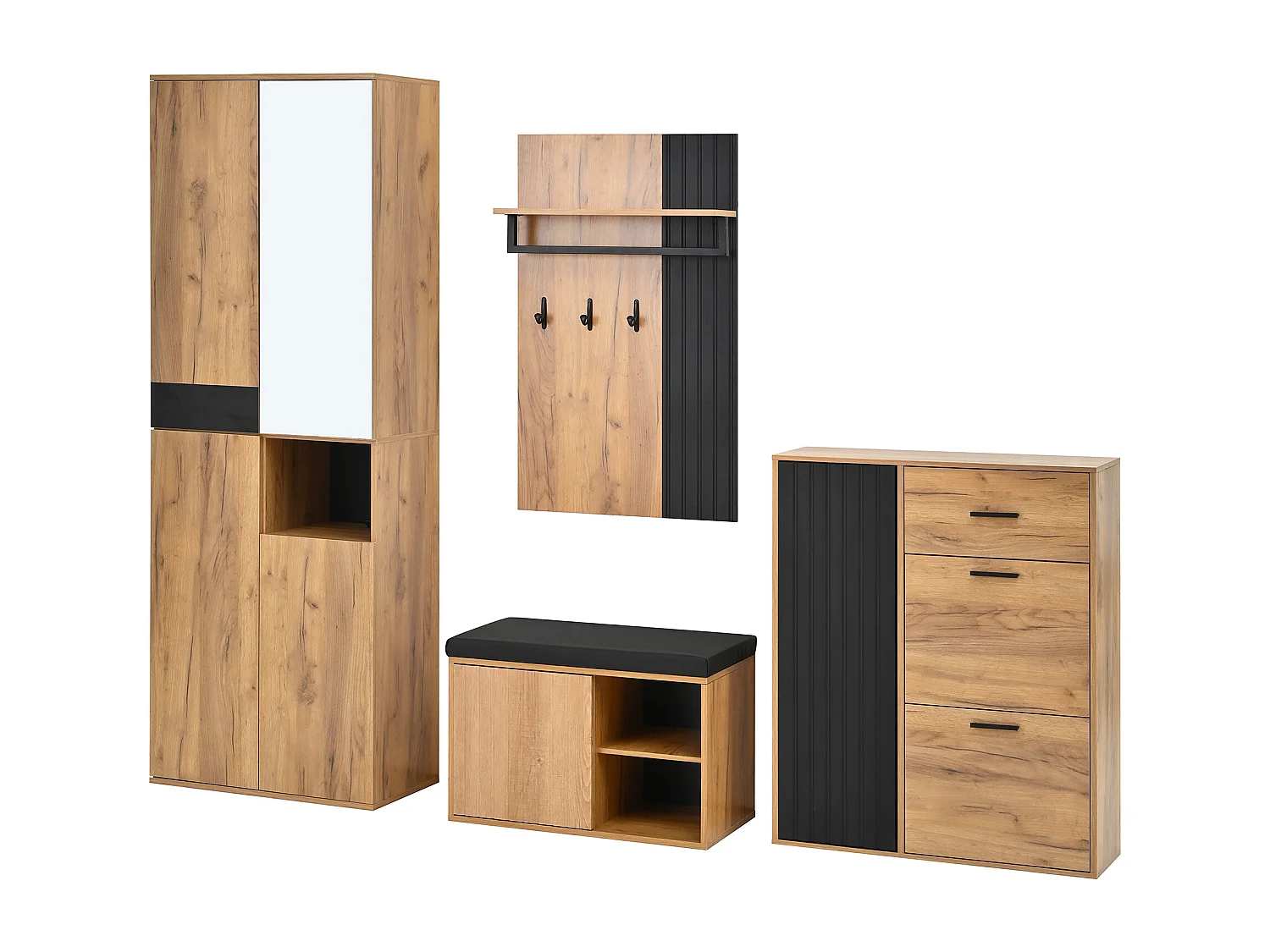 Vestiaire de 4 pièces - armoire + meuble à chaussures + banc à chaussures + porte-manteau - agglomméré - naturel