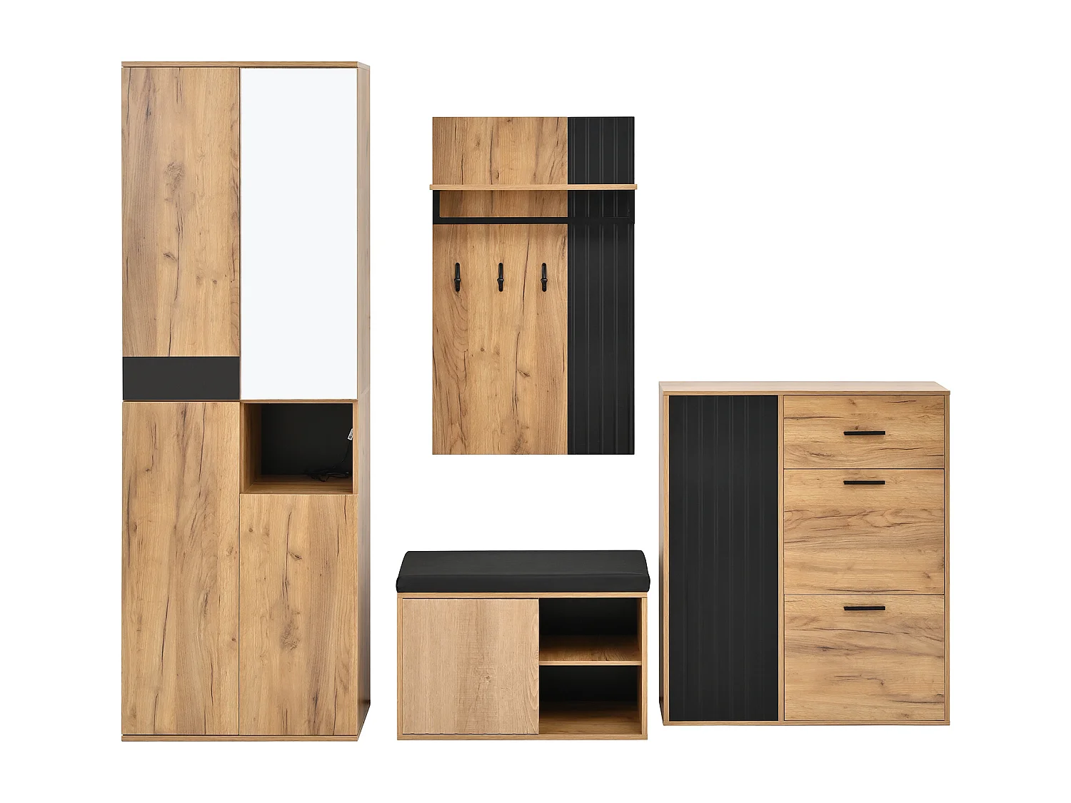 Vestiaire de 4 pièces - armoire + meuble à chaussures + banc à chaussures + porte-manteau - agglomméré - naturel