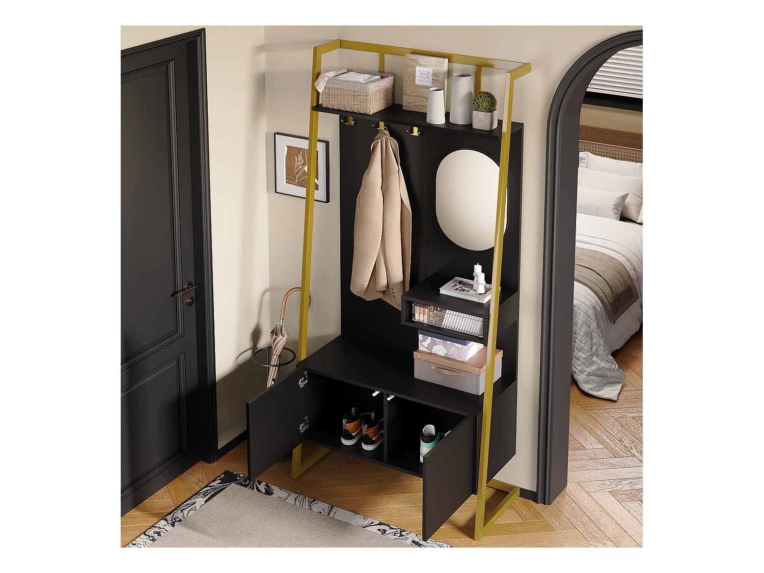 Vestiaire/armoire de rangement avec miroir + meubles de chaussures - crochets en métal - 78 x 38.5 x 180.5 cm - MDF - noir