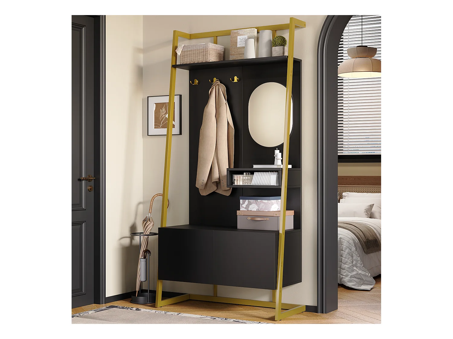 Vestiaire/armoire de rangement avec miroir + meubles de chaussures - crochets en métal - 78 x 38.5 x 180.5 cm - MDF - noir