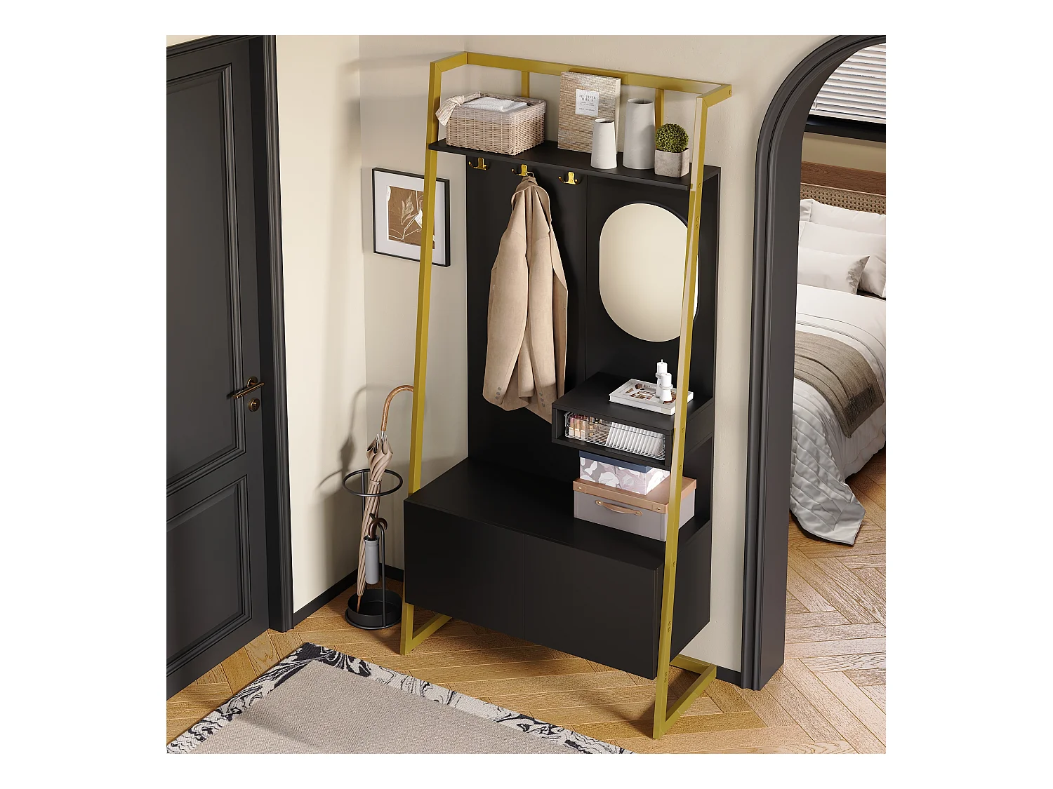 Vestiaire/armoire de rangement avec miroir + meubles de chaussures - crochets en métal - 78 x 38.5 x 180.5 cm - MDF - noir