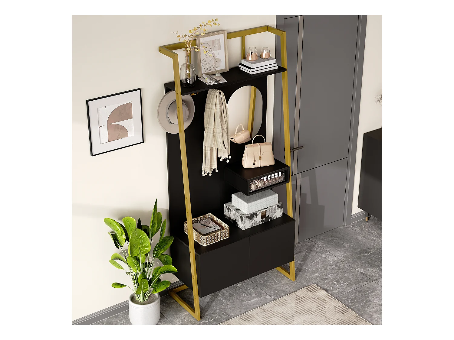 Vestiaire/armoire de rangement avec miroir + meubles de chaussures - crochets en métal - 78 x 38.5 x 180.5 cm - MDF - noir