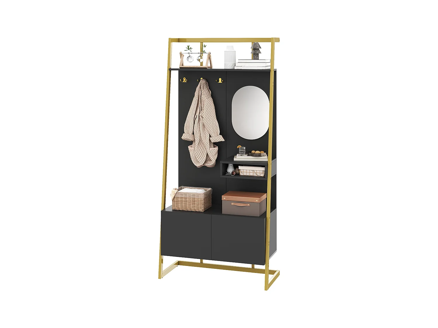 Vestiaire/armoire de rangement avec miroir + meubles de chaussures - crochets en métal - 78 x 38.5 x 180.5 cm - MDF - noir