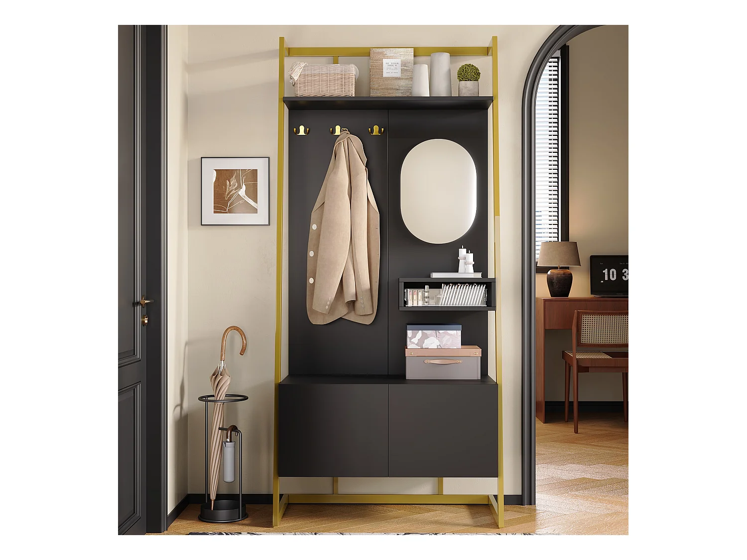 Kleiderschrank/Aufbewahrungsschrank mit Spiegel + Schuhschrank - Metallhaken - 78 x 38,5 x 180,5 cm - MDF - Schwarz