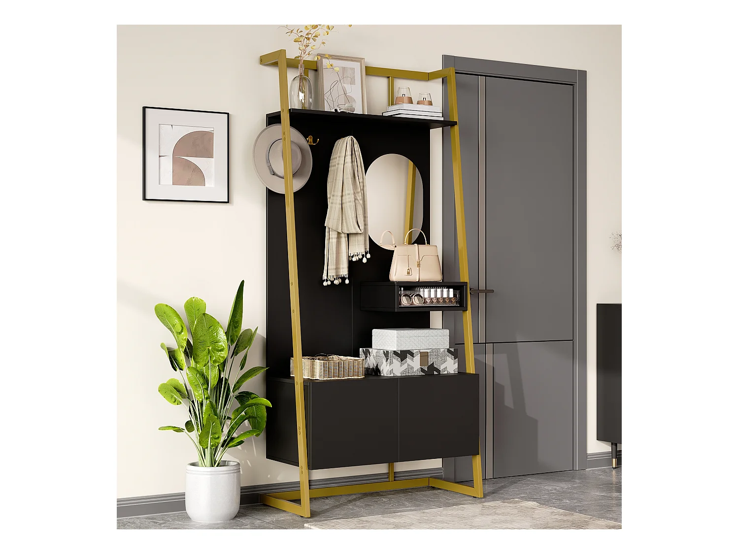 Kleiderschrank/Aufbewahrungsschrank mit Spiegel + Schuhschrank - Metallhaken - 78 x 38,5 x 180,5 cm - MDF - Schwarz