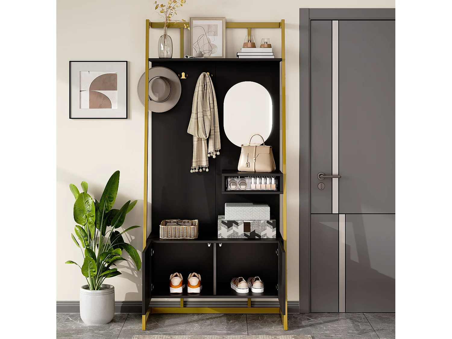 Armadio/mobile contenitore con specchio + scarpiera - ganci in metallo - 78 x 38,5 x 180,5 cm - MDF - nero