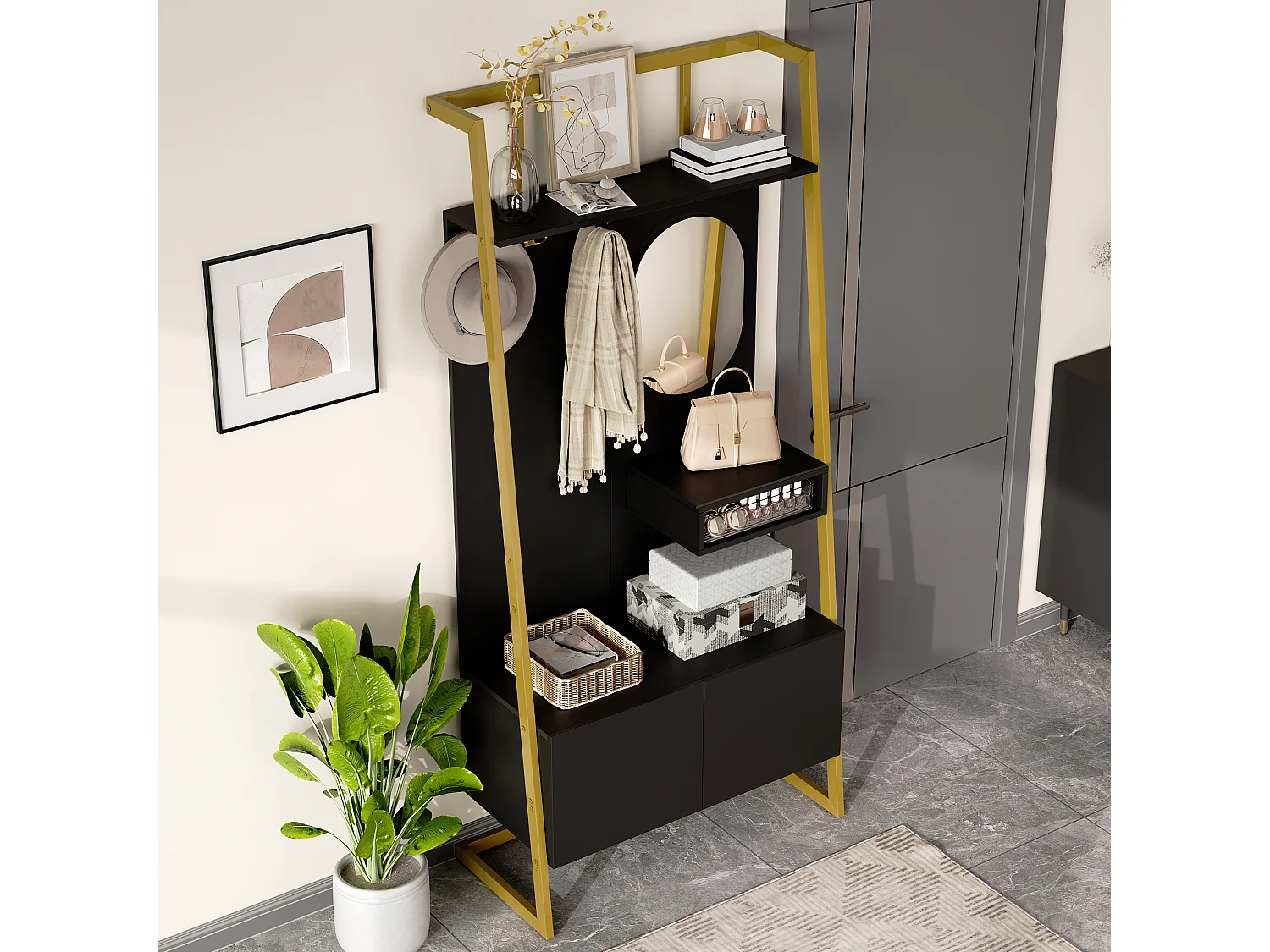 Armadio/mobile contenitore con specchio + scarpiera - ganci in metallo - 78 x 38,5 x 180,5 cm - MDF - nero