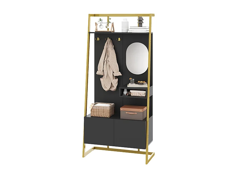 Vestiaire/armoire de rangement avec miroir + meubles de chaussures - crochets en métal - 78 x 38.5 x 180.5 cm - MDF - noir
