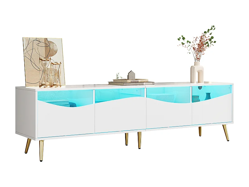 Moderner TV-Schrank 180 x 40 x 50 cm mit LEDs – goldene Metallbeine – Glasfront und 4 Schubladen – MDF – weiß