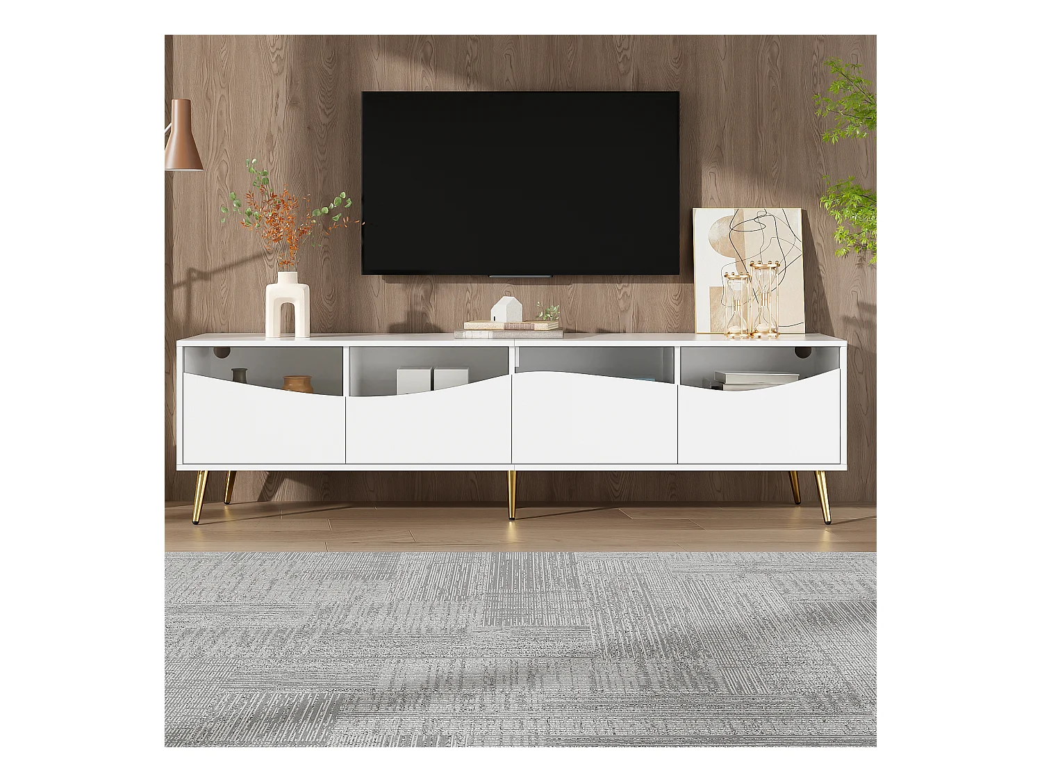 Meuble TV moderne 180 x 40 x 50 cm avec Leds - pieds en métal doré - façade en verre et 4 tiroirs - MDF - blanc