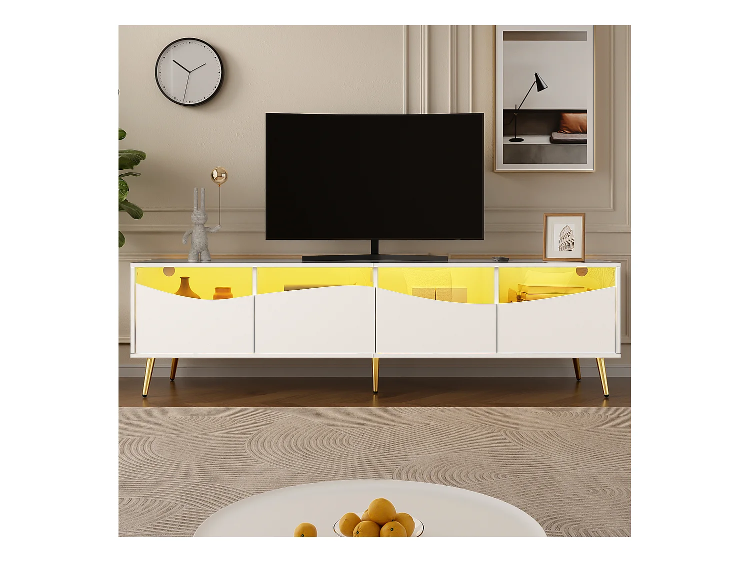 Meuble TV moderne 180 x 40 x 50 cm avec Leds - pieds en métal doré - façade en verre et 4 tiroirs - MDF - blanc