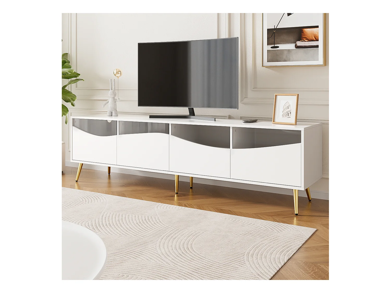 Meuble TV moderne 180 x 40 x 50 cm avec Leds - pieds en métal doré - façade en verre et 4 tiroirs - MDF - blanc