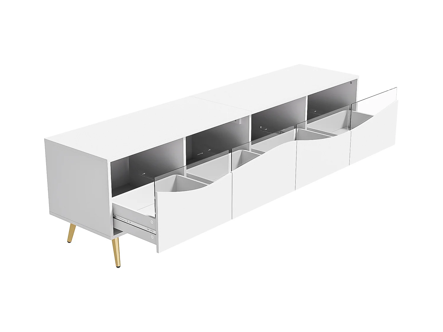 Meuble TV moderne 180 x 40 x 50 cm avec Leds - pieds en métal doré - façade en verre et 4 tiroirs - MDF - blanc
