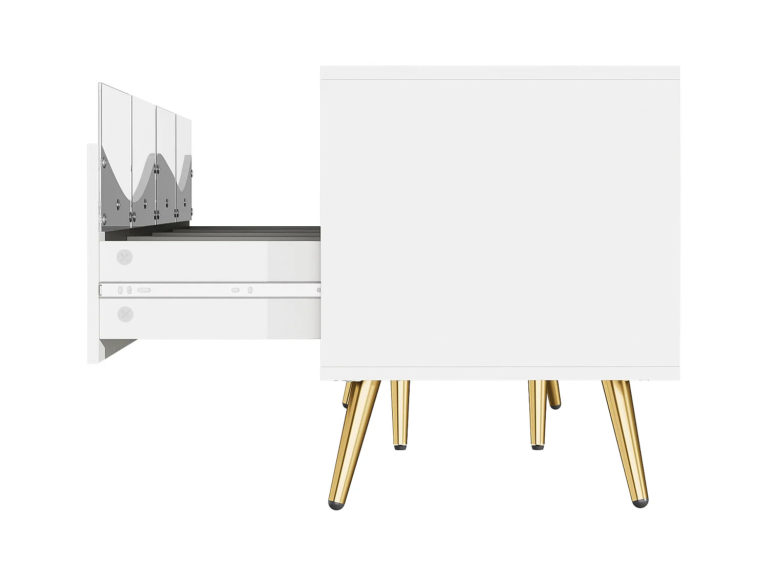 Meuble TV moderne 180 x 40 x 50 cm avec Leds - pieds en métal doré - façade en verre et 4 tiroirs - MDF - blanc