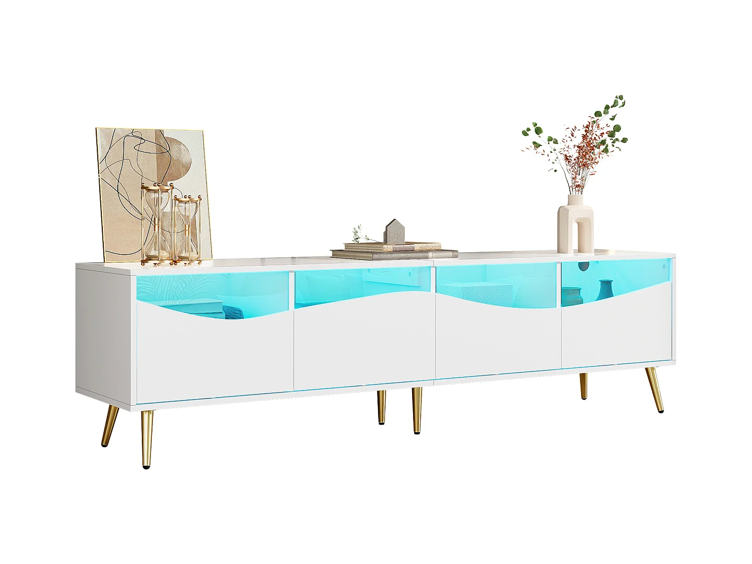Meuble TV moderne 180 x 40 x 50 cm avec Leds - pieds en métal doré - façade en verre et 4 tiroirs - MDF - blanc