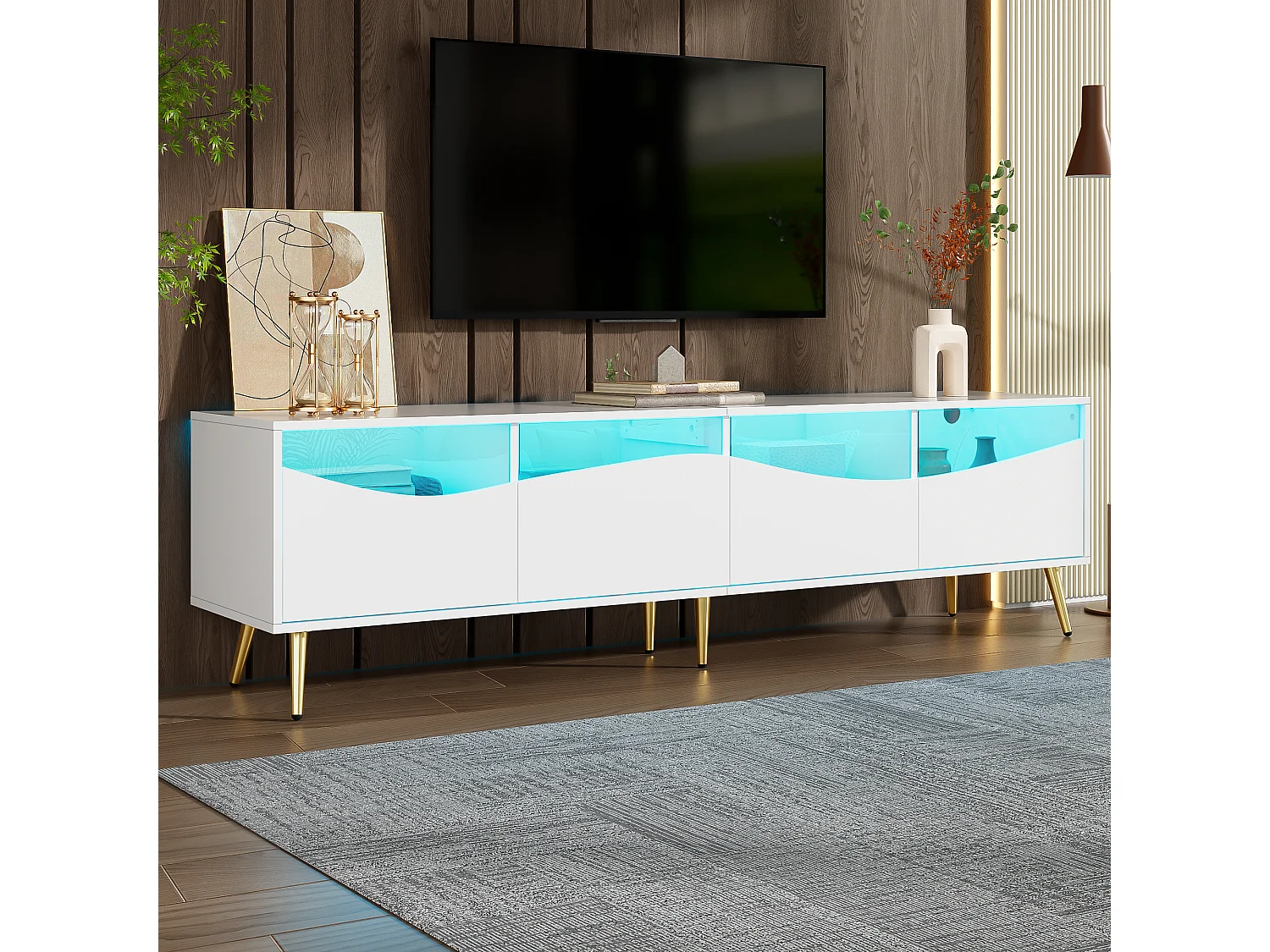 Meuble TV moderne 180 x 40 x 50 cm avec Leds - pieds en métal doré - façade en verre et 4 tiroirs - MDF - blanc