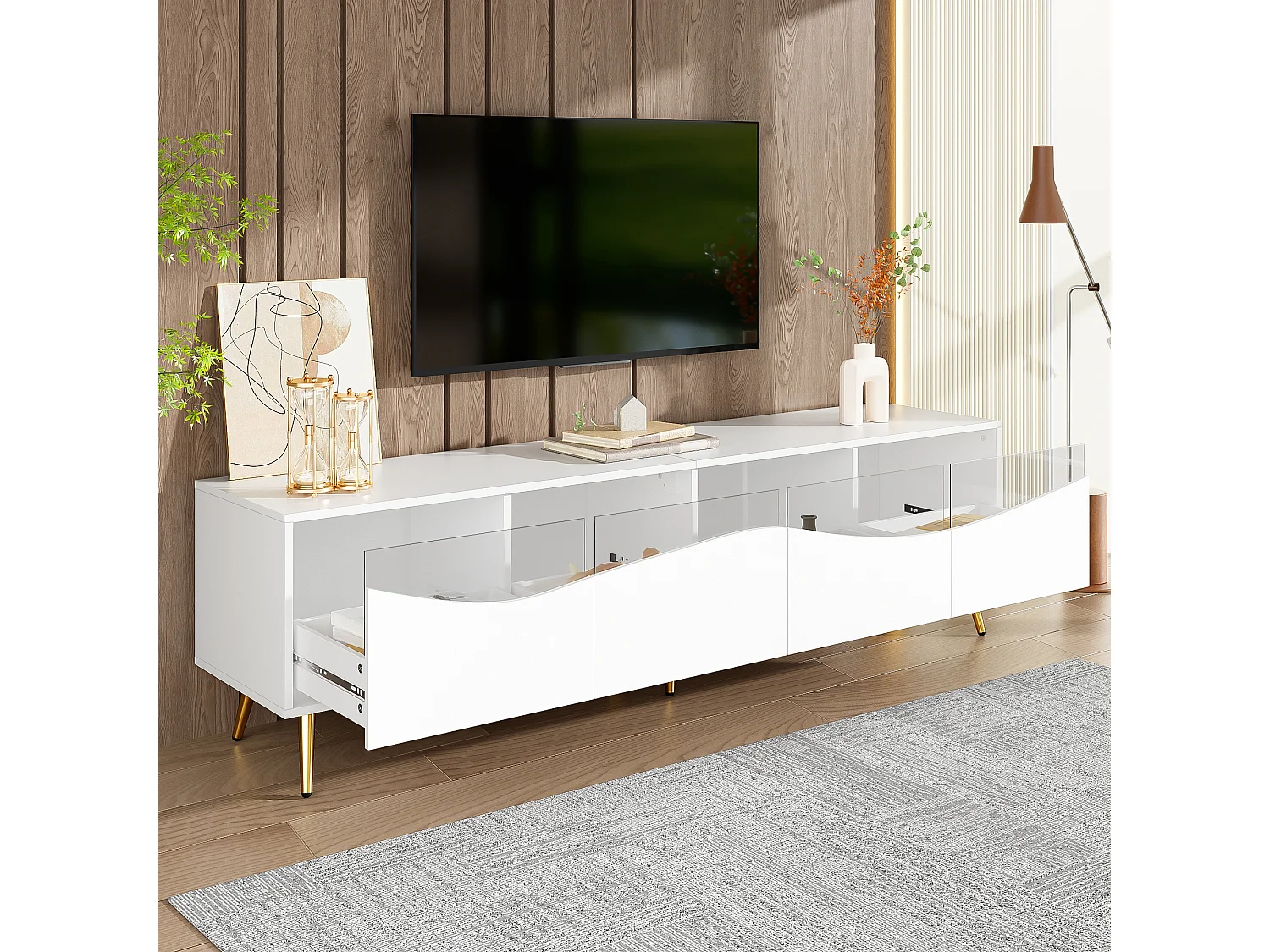 Meuble TV moderne 180 x 40 x 50 cm avec Leds - pieds en métal doré - façade en verre et 4 tiroirs - MDF - blanc