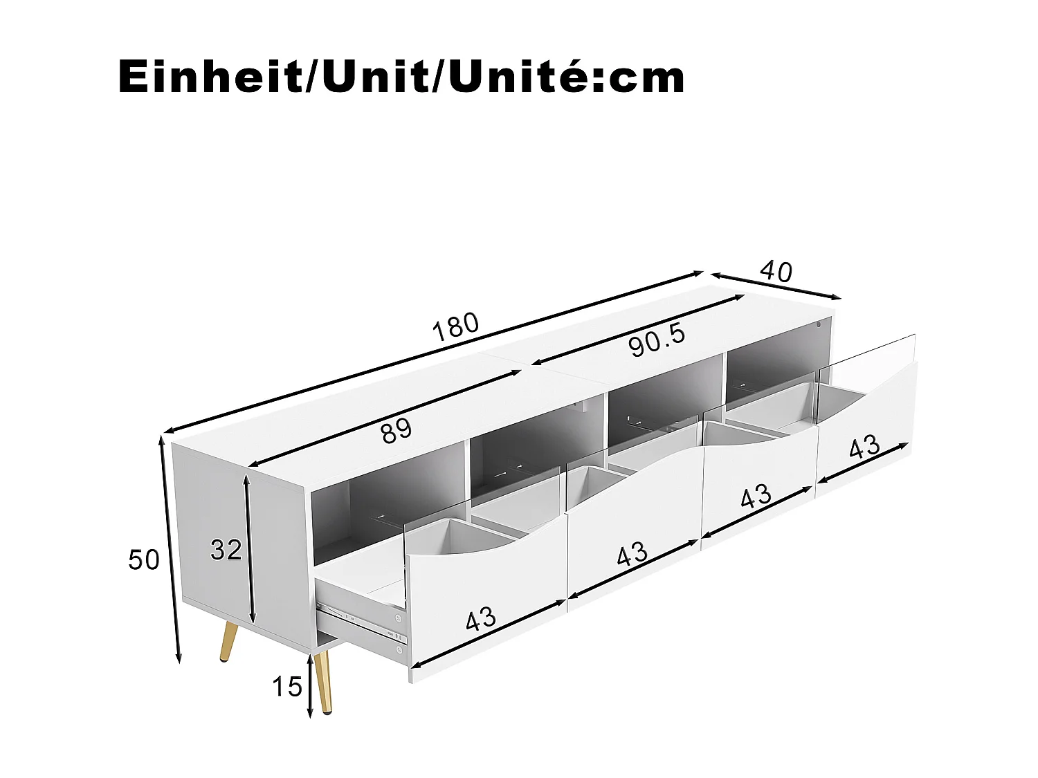 Meuble TV moderne 180 x 40 x 50 cm avec Leds - pieds en métal doré - façade en verre et 4 tiroirs - MDF - blanc
