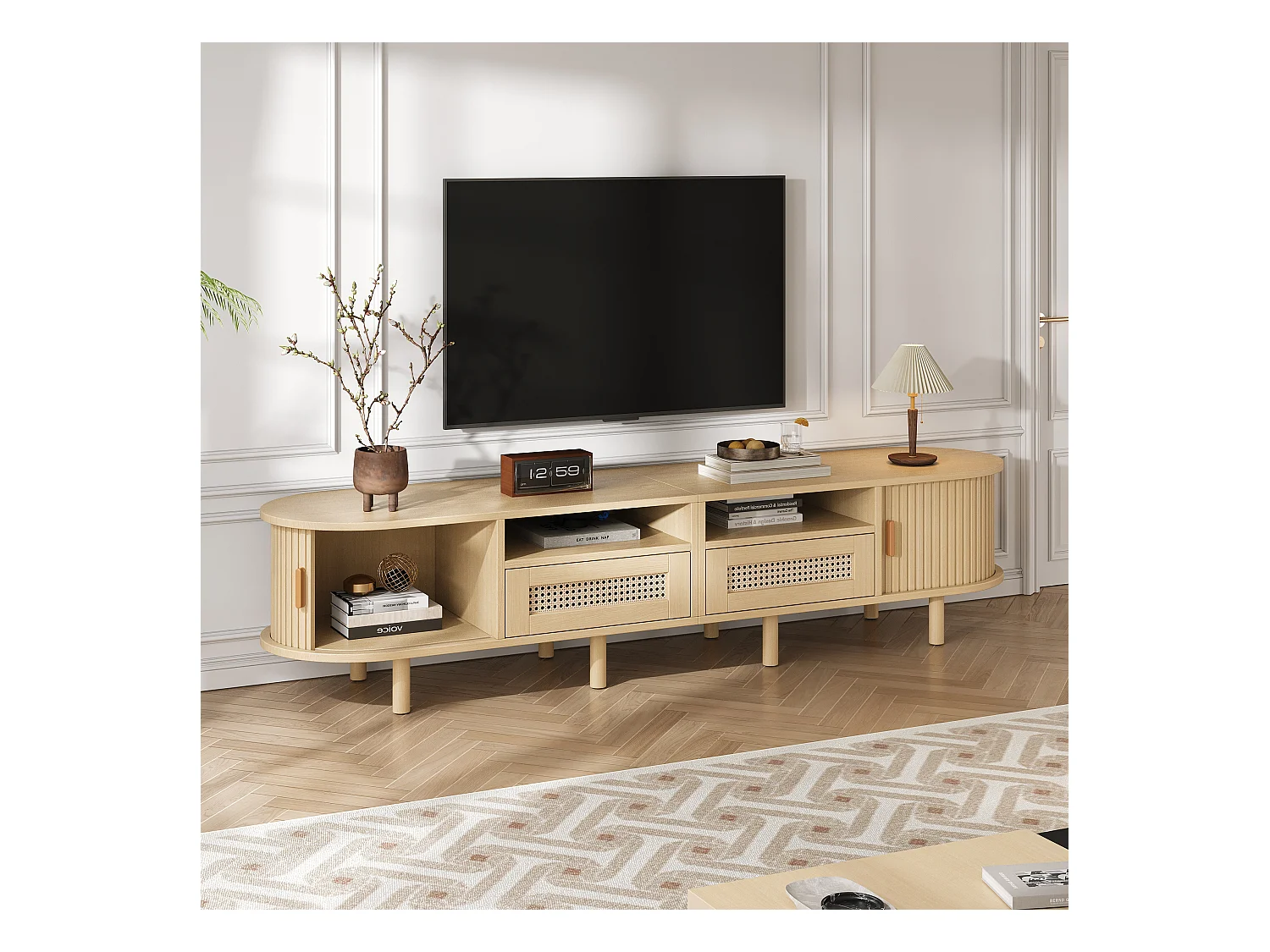 Móvel de TV oval com 2 gavetas de vime + 2 portas de correr - 170 x 40 x 40 cm - MDF + metal - natural