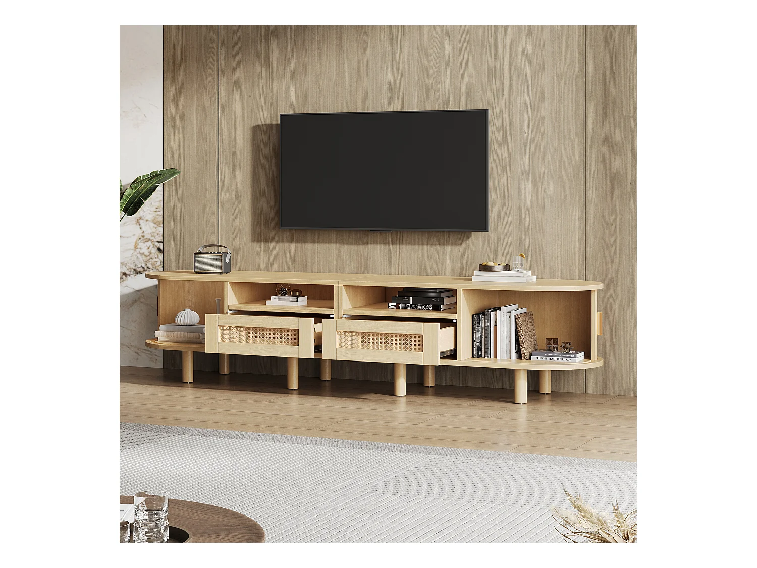 Móvel de TV oval com 2 gavetas de vime + 2 portas de correr - 170 x 40 x 40 cm - MDF + metal - natural