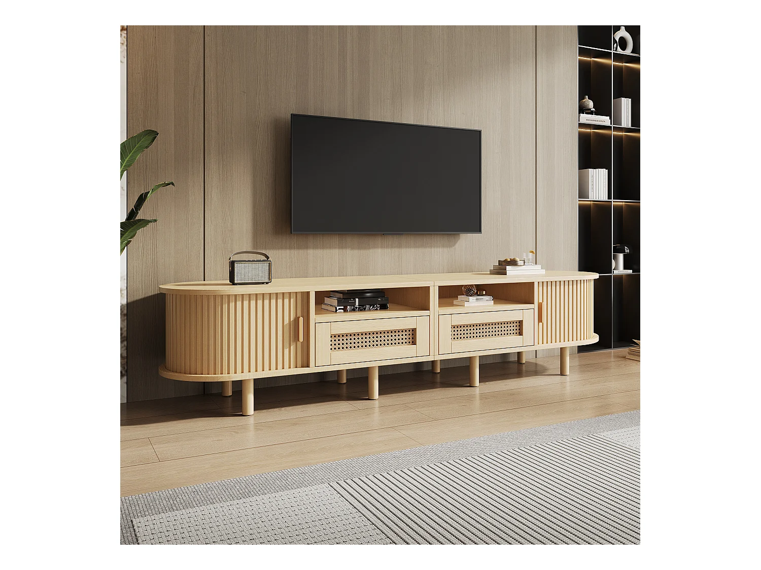 Móvel de TV oval com 2 gavetas de vime + 2 portas de correr - 170 x 40 x 40 cm - MDF + metal - natural