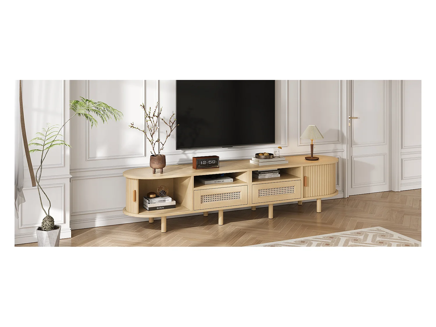 Móvel de TV oval com 2 gavetas de vime + 2 portas de correr - 170 x 40 x 40 cm - MDF + metal - natural