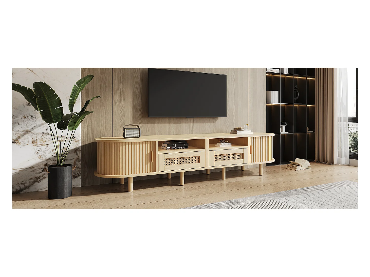 Móvel de TV oval com 2 gavetas de vime + 2 portas de correr - 170 x 40 x 40 cm - MDF + metal - natural