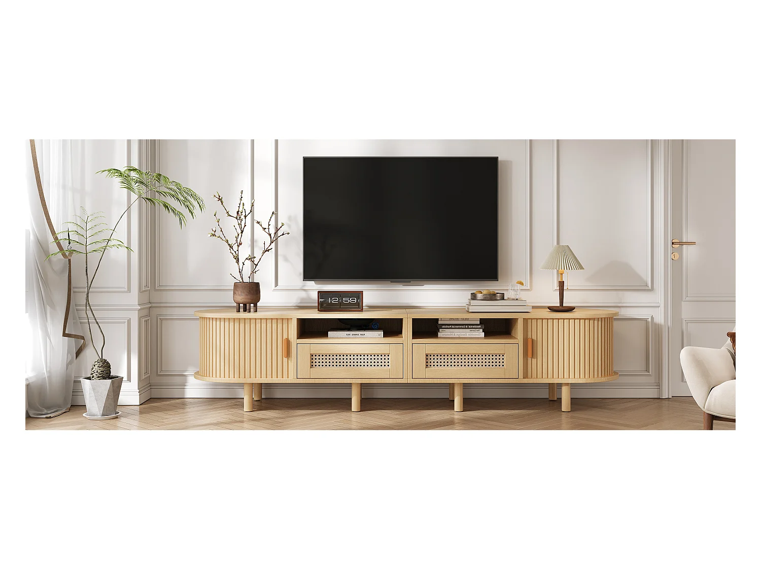 Móvel de TV oval com 2 gavetas de vime + 2 portas de correr - 170 x 40 x 40 cm - MDF + metal - natural