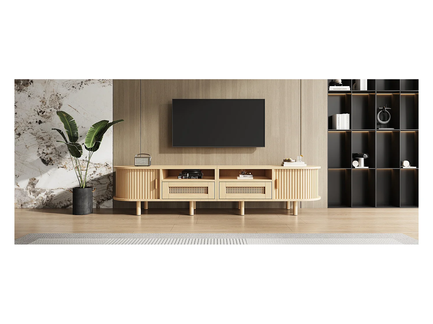 Móvel de TV oval com 2 gavetas de vime + 2 portas de correr - 170 x 40 x 40 cm - MDF + metal - natural